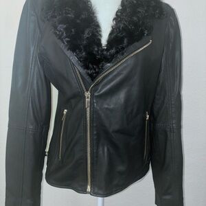 Badgley Mischka Black Moto Leather Jacket with Faux Fur Trim New Large